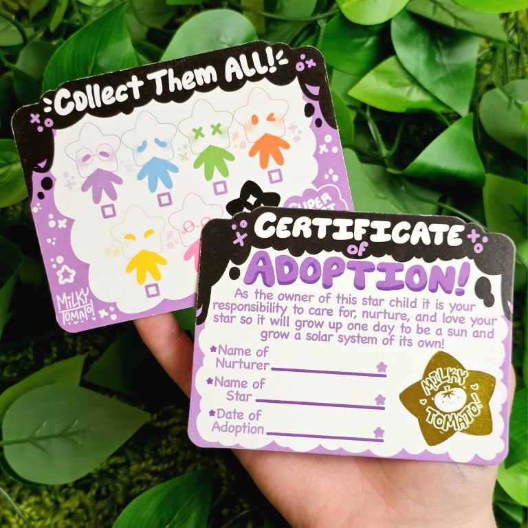 Star Baby plushie collection card and certificate of adoption.