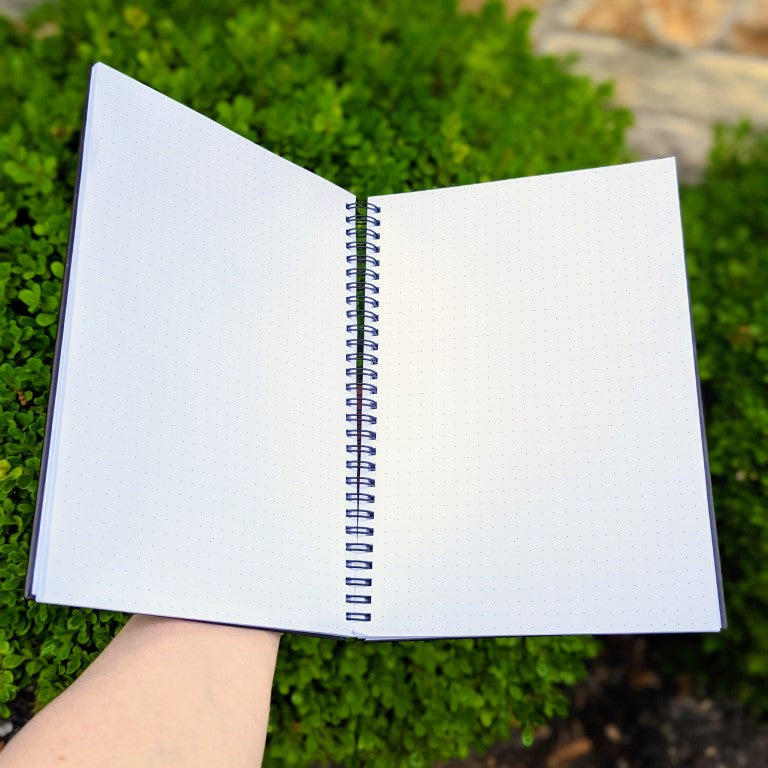 A Milky Tomato notebook open to blank, dotted pages.