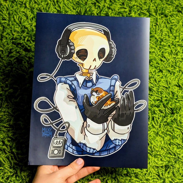 The large blue Skeleton Cade chilling print.