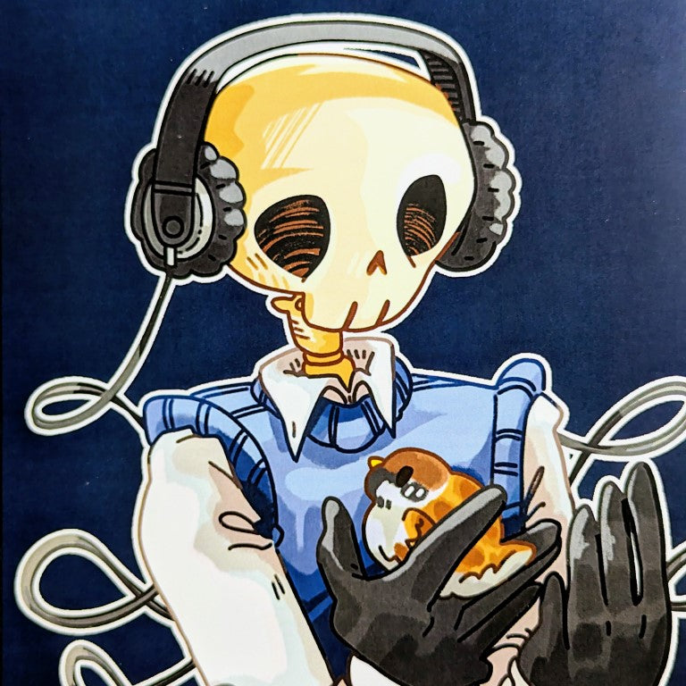 A close up of the large blue Skeleton Cade chilling print.