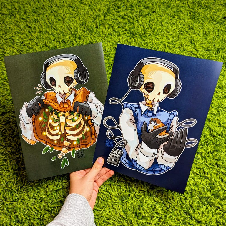 Both the large brown and blue Skeleton Cade chilling prints.