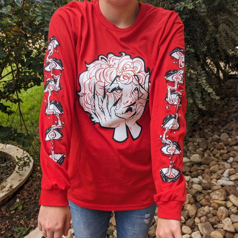Long Sleeve Red Droopy Eye Girl T-Shirt - FRONT IMAGE