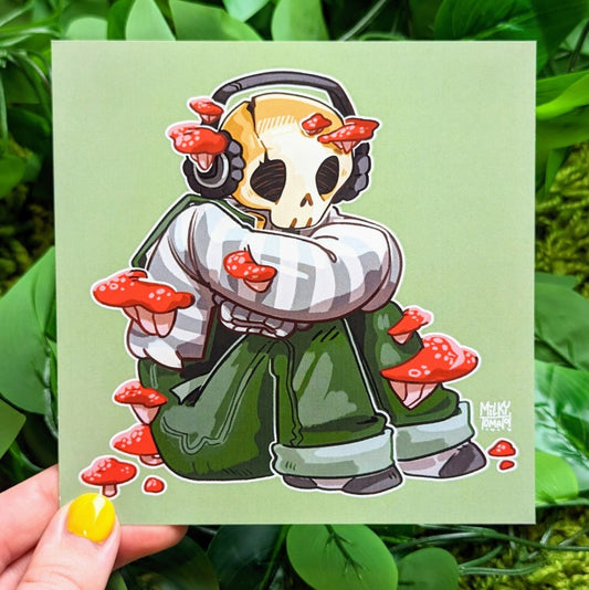 A mini print featuring an aesthetic skeleton design with red mushroom accents.
