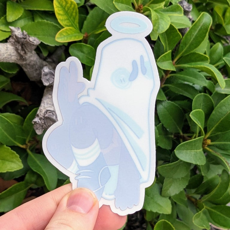 Echo, the ghost angel sticker with the adhesive protectant sheet on the front of the sticker.