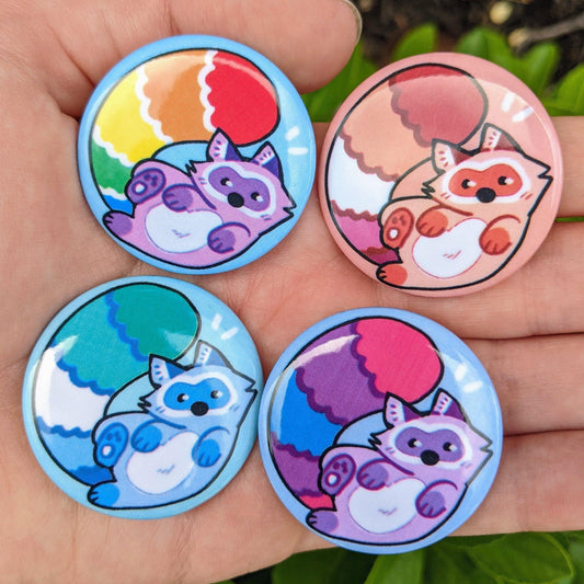 Cute Raccoon Pride Flag Buttons! // FUNDRAISER // 1.5in Pride Month Button Badges - MilkyTomato