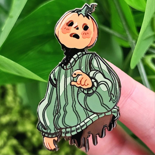 Green Sweater Gore Pumpkin Head Enamel Pin