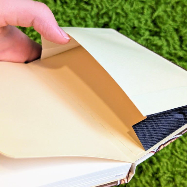 A closeup of an interior pocket inside one cover of the aesthetic skeleton sketchbook