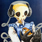 A close up of the mini blue Skeleton Cade chilling print.