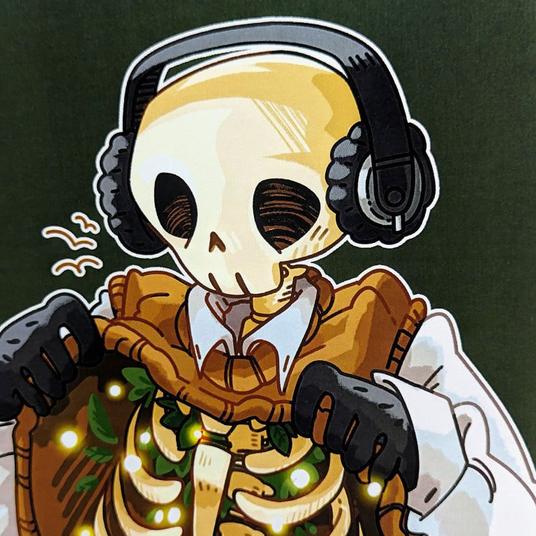 A close up of the mini brown Skeleton Cade chilling print.