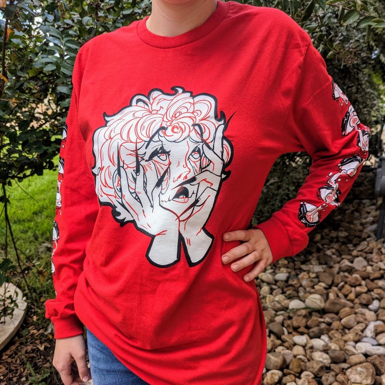 Long Sleeve Red Droopy Eye Girl T-Shirt - FRONT IMAGE