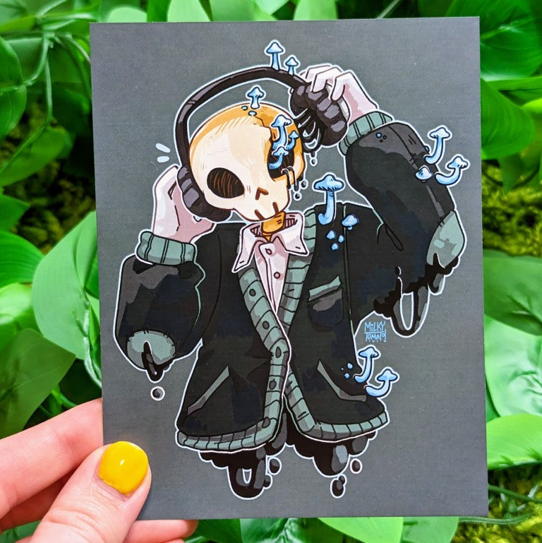 A mini print featuring an aesthetic skeleton design with blue mushroom accents.