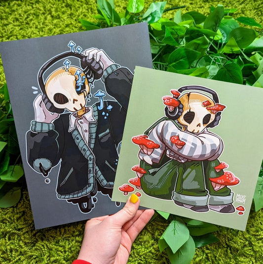 Two large prints featuring an aesthetic skeleton design, one with red mushrooms and one with blue.