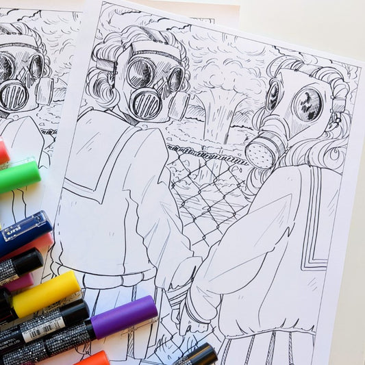 Gas Mask Girls Coloring Page PDF