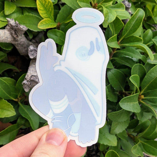 Echo, the ghost angel sticker with the adhesive protectant sheet on the front of the sticker.
