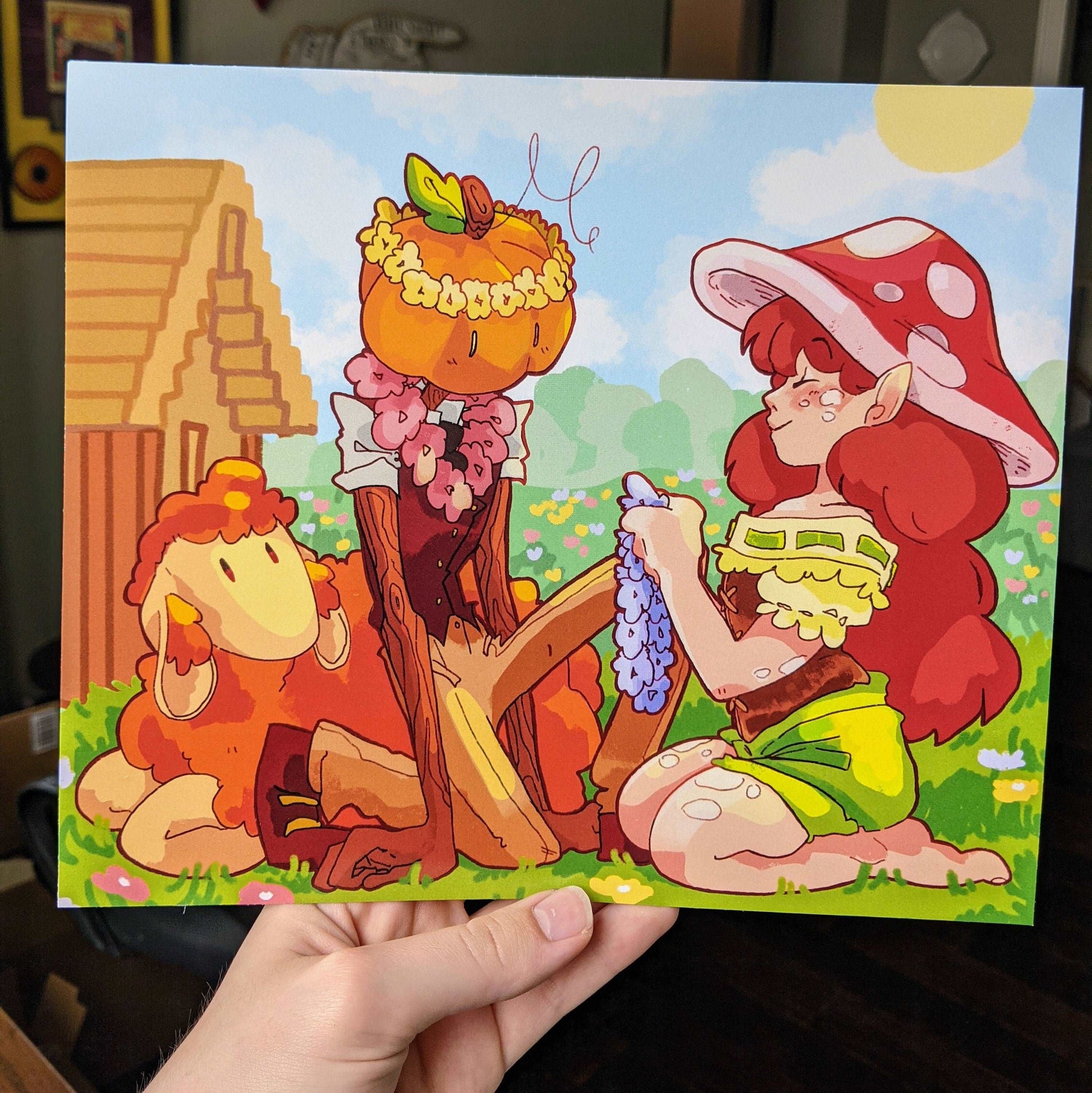Mushroom Elf and Pumpkin Head 8x9 Glossy Print