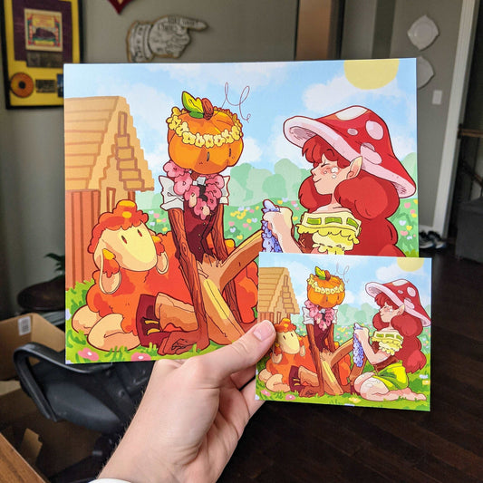 Mushroom Elf and Pumpkin Head 8x9 Glossy Print