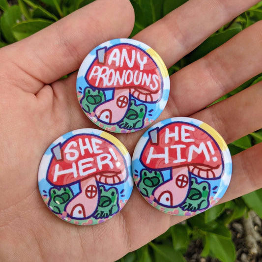 Pronoun Frog Mushroom House Buttons 1.5 inch