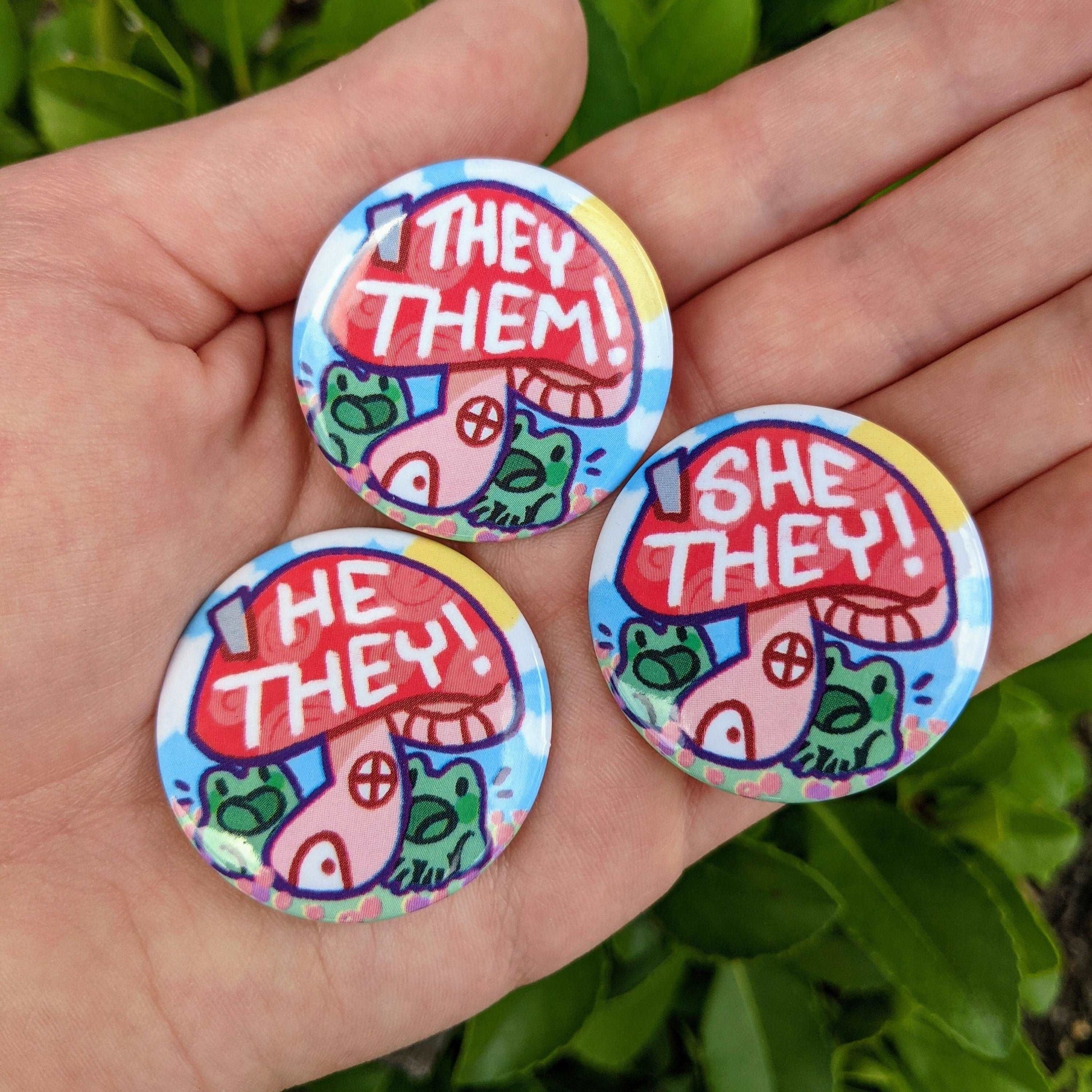 Pronoun Frog Mushroom House Buttons 1.5 inch