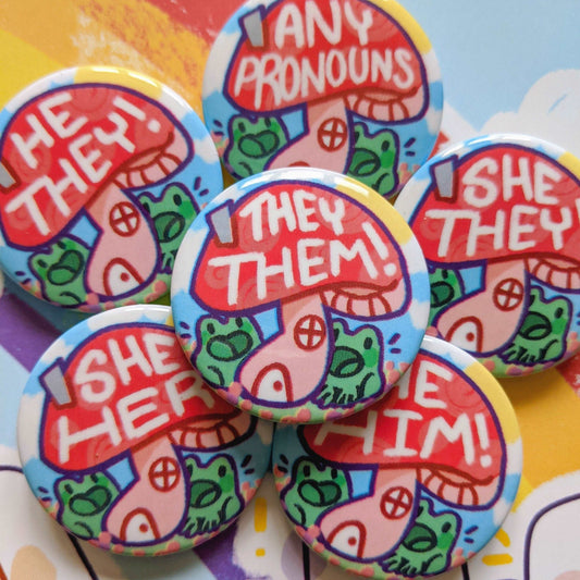 Pronoun Frog Mushroom House Buttons 1.5 inch